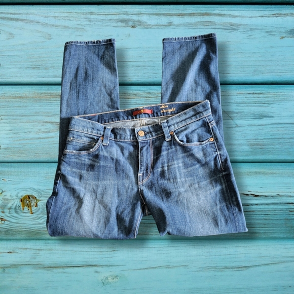 ✨️HP✨️7 For All Mankind | Blue Denim Slim Straight Leg Jeans (SIZE 27) - Picture 1 of 9